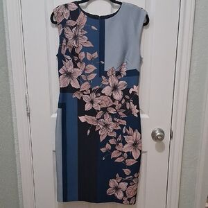 Vince Camuto Floral Contrast Midi Dress - Blue Size 10p